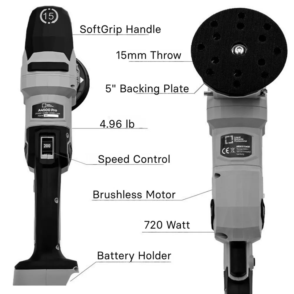 Liquid Elements A4500 pro excentrische polijstmachine met 15 mm uitslag geschikt voor makita baterijen