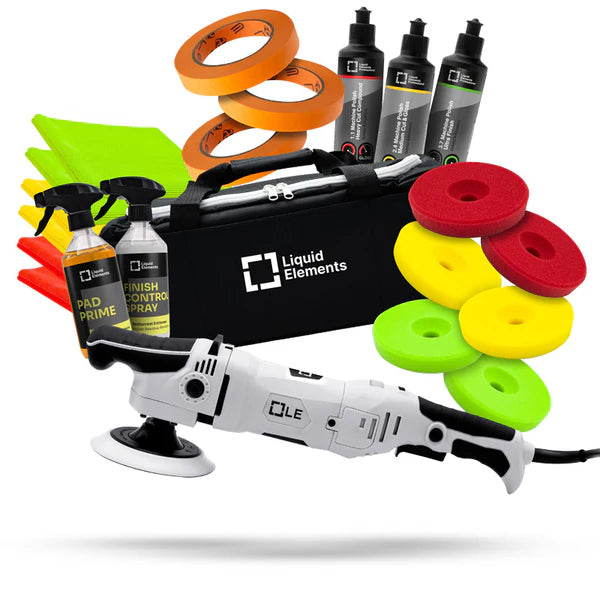Liquid Elements TERMINATOR All-In-One polijstset met roterende polijstmachine polishes pads doeken tape Pad Prime en Finish Control Spray
