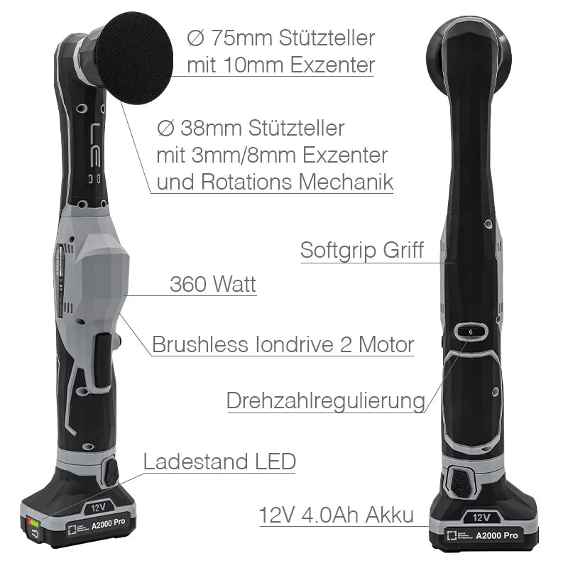 Complete set van de A2000 Pro inclusief accu’s, laadstation en opzetstukken