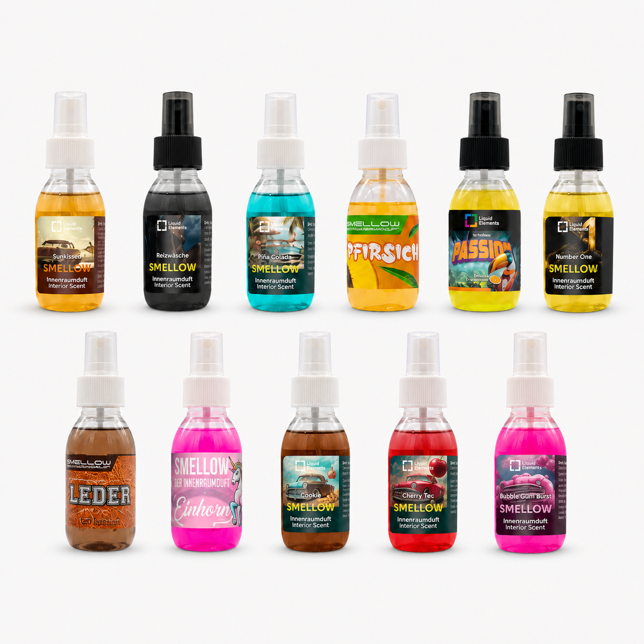 Overzicht van Liquid Elements SMELLOW interieurparfum in verschillende geuren