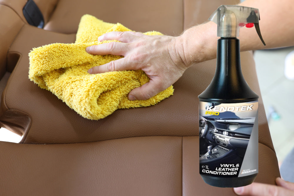 Kenotek Vinyl & Leather Conditioner actiebeeld op leren stoel